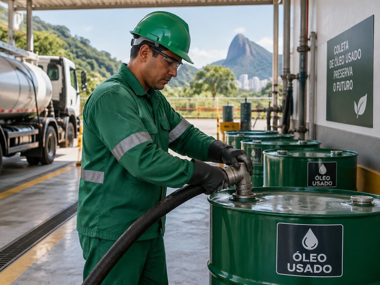 Profissional realizando coleta segura de óleo usado